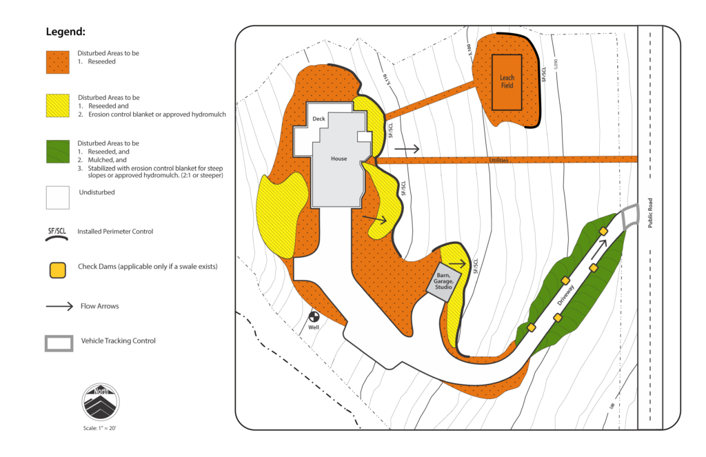 Graphic with a map and legend that illustrates direction for the revegetation of the land around a house and deck. The legend uses color with pattern and symbols for reference.