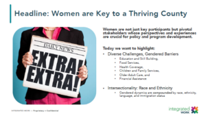 An image of a screenshot from the findings presentation headlining that women are key to a thriving community.