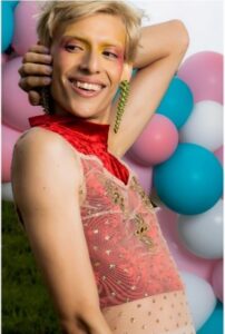 A person standing in front of balloons smiling with hand on head and wearing fun party clothes