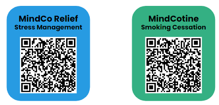 A QR Code for MindCo Relief Stress Management and a QR Code for MindCotine Smoking Cessation.