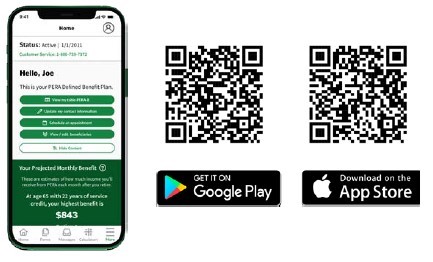 Screenshot of the PERA app on a mobile phone and two QR codes. One to get the app on Google Play and one to get the app from the App Store. 