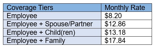 Accident Coverage. Employee $8.20/month. Employee plus Spouse/partner $12.86/month. Employee plus children $13.18/month. Employee plus family $17.84/month.