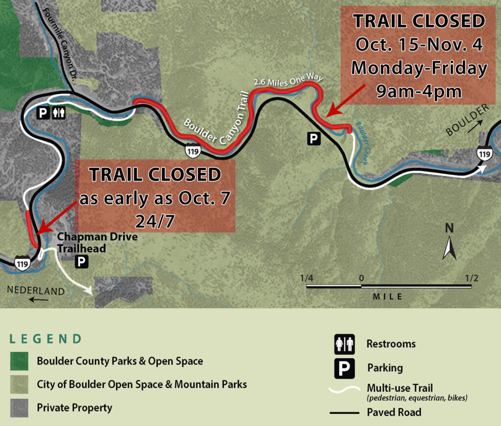 Map showing the sections of trail closed along the Boulder Canyon Trail