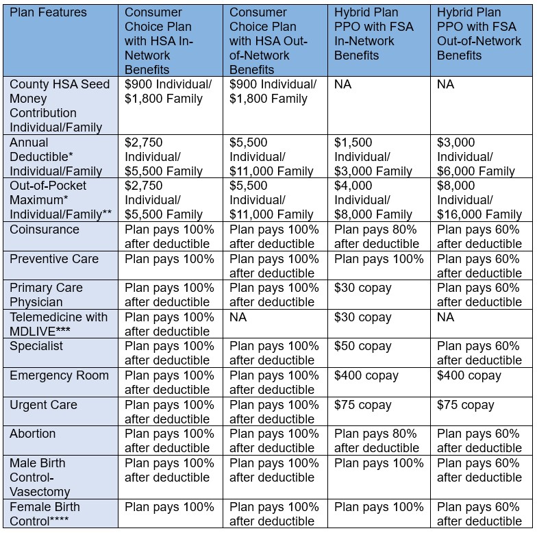 Chart showing the difference between the Consumer Choice and Hybrid medical plans