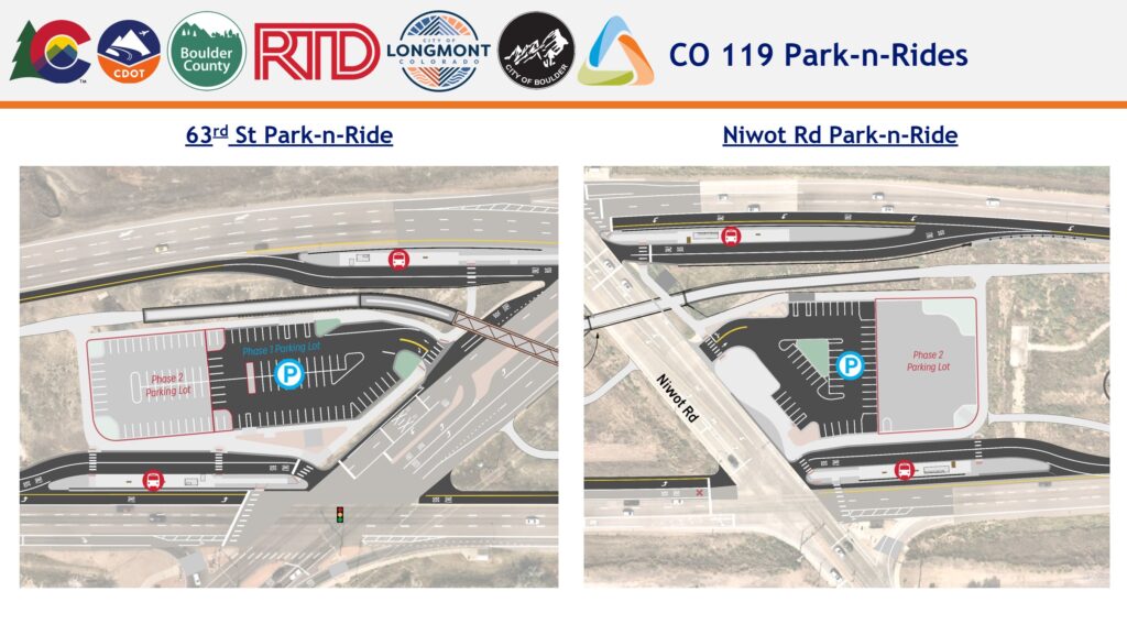 Two graphic illustrations of Park-n-Ride layouts. One is at 63rd St and the other is at Niwot Road.