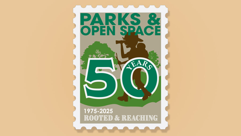 50th Anniversary Stamp with a hiker: Rooted and Reaching 1975-2025