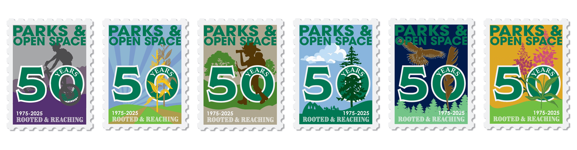 Six decorative stamps commemorating the 50th anniversary of Parks & Open Space