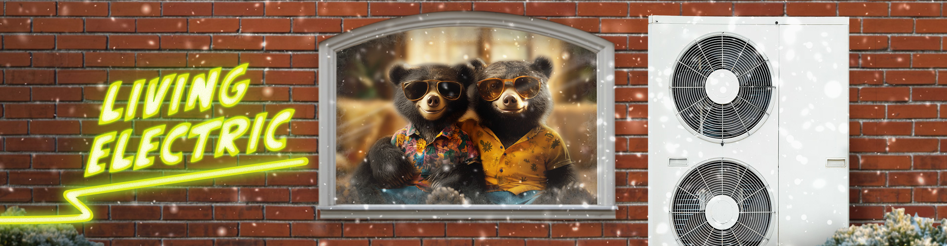 Two animated bears are visible through a window, sitting inside a brick home while staying warm thanks to an electric heat pump sitting to the right of the window. "Living Electric" is written to the left of the window, in glowing neon yellow text.