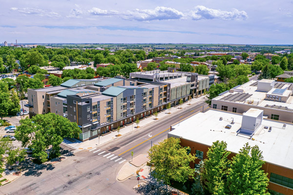 Aerial view of affordable housing building