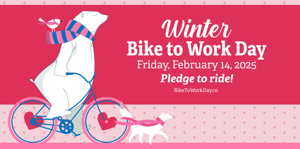 Winter Bike to Work Day graphic of a polar bear riding a bike accompanied by a fox and a bird. Contains date and time.