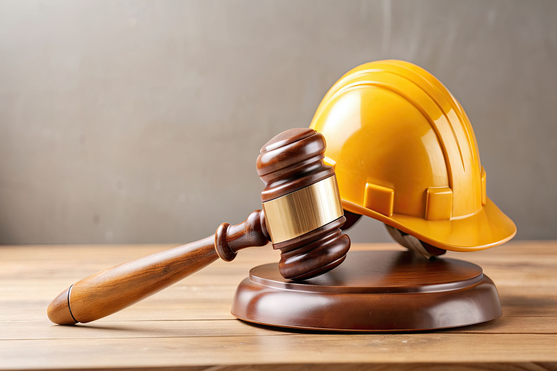 Wooden gavel rests on polished judge's bench beside a construction worker's helmet.