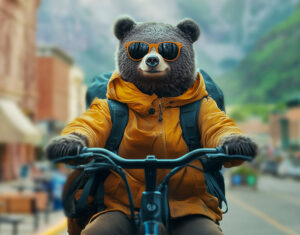 A bear wearing an orange anorak and a backpack rides an electric bike down Pearl Street