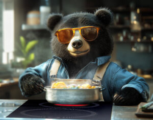 A bear wearing an apron cooks a stew on an electric induction stovetop.