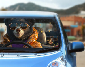 A bear wearing an orange jacket drives a blue electric vehicle. A small bear cub peaks out from the back seat.