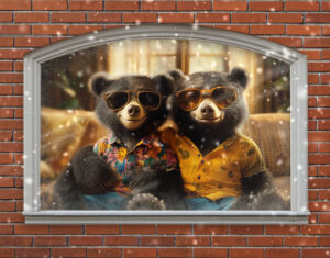 Two animated bears are visible through a window, sitting inside a brick home while staying warm thanks to an electric heat pump sitting to the right of the window.