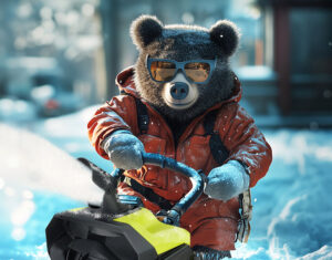 A bear wearing an orange puffy jacket pushes a green electric snowblower to clear snow