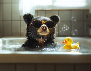 A bear soaks in a warm bath with a rubber duck.