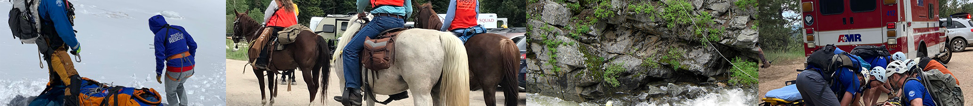 Collage showing emergency rescues in snow, fast water, on trails, and by horseback and hike-in terrain