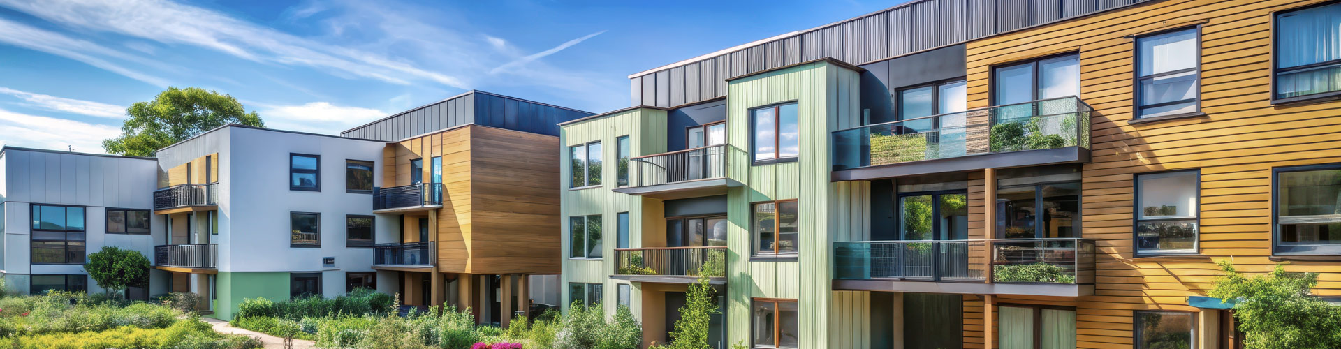 Apartment building with balcony, large glass windows, and a garden view