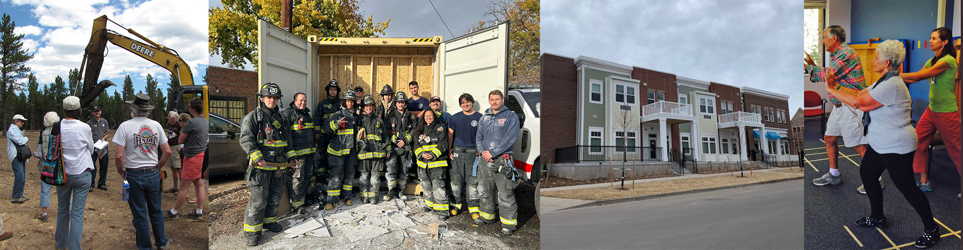 Collage of projects funded by county grant programs including firefighter gear, new building for at risk youth, fire mitigation work, and older adults exercise classes