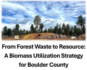 Report cover, featuring a photo of a boulder county forest landscape, with the text "From Forest Waste to Resource: A Biomass Utilization Strategy for Boulder County.