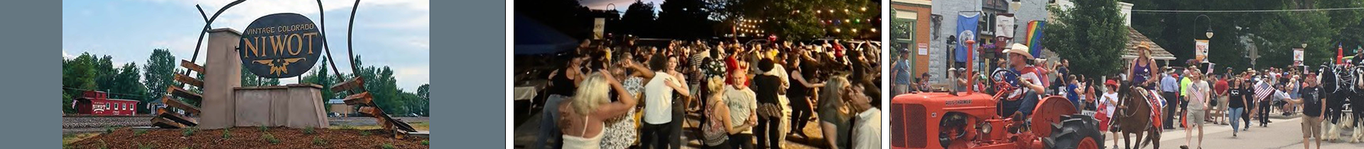 3-photo collage showing Niwot town sign, people dancing at an outdoor festival, and a tractor and parade goers on 4th of July