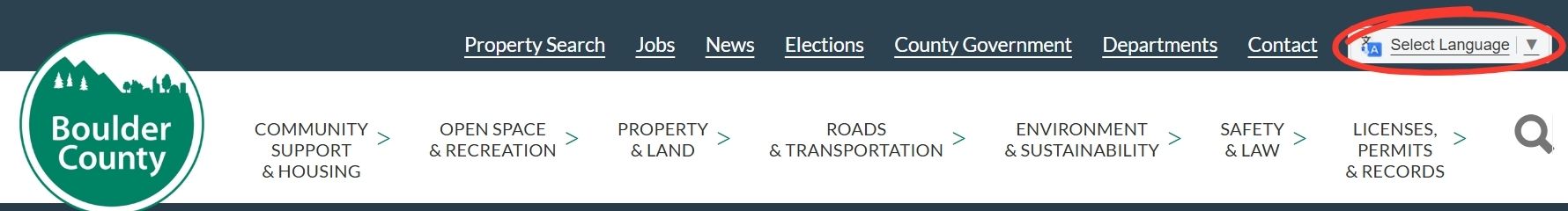 Boulder County website header and menu with the Google Translate box circled