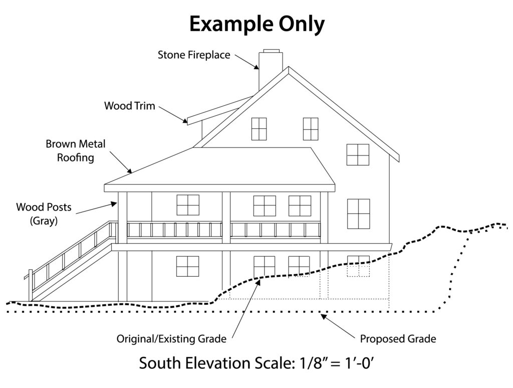 Technical detailed drawing of a house elevation showing original existing grade and proposed grade.