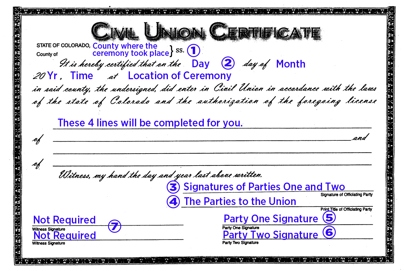 Civil Union Certificate Sample for Self Solemnizing