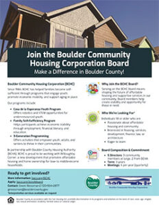 Informational flyer advertising an opportunity to join the Board of Directors for the Boulder Community Housing Corporation.