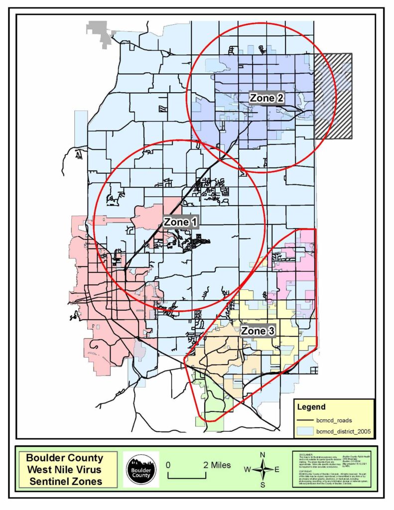 map of locations of sentinel testing for West Nile virus zones