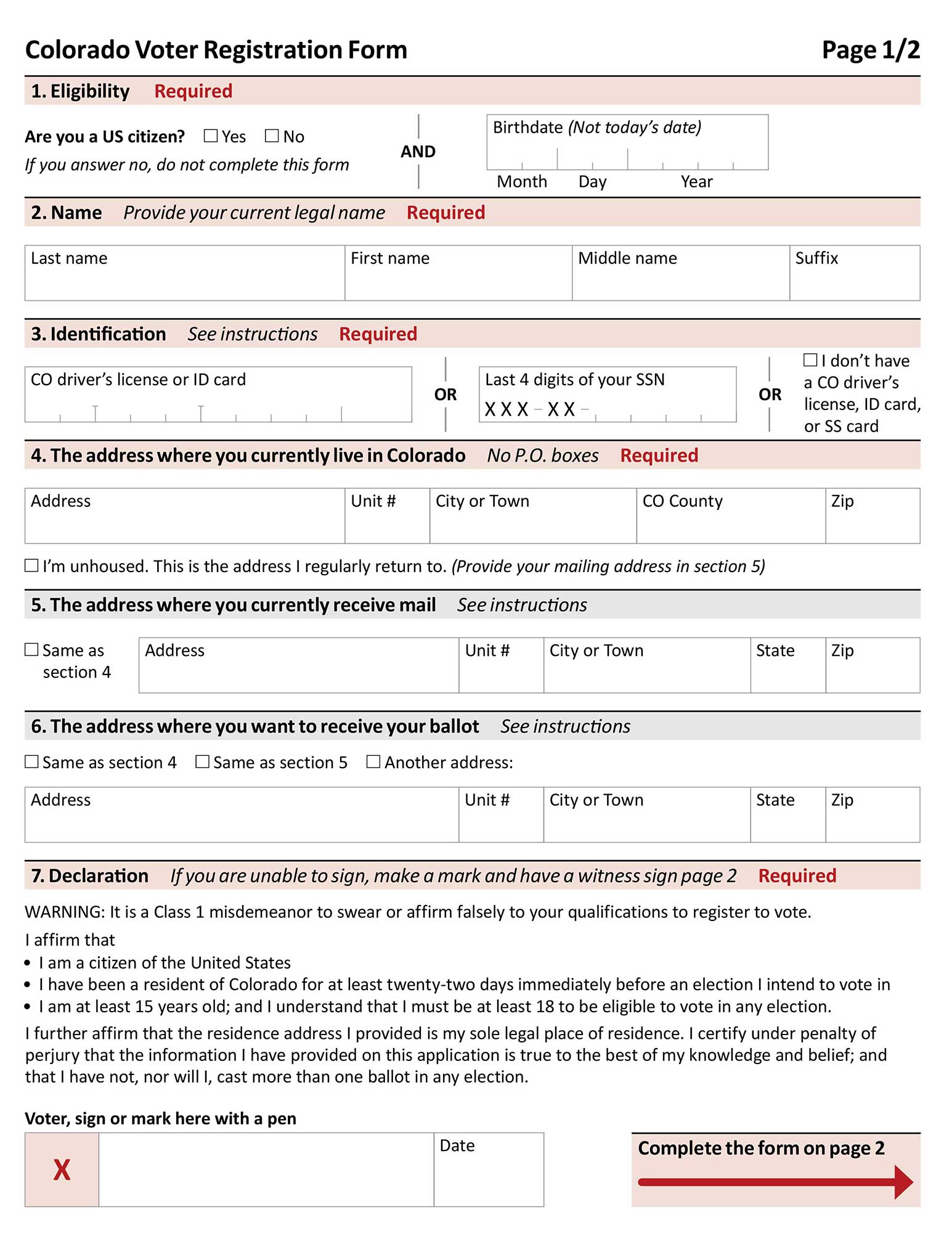 Colorado Voter Registration Form sample page 1