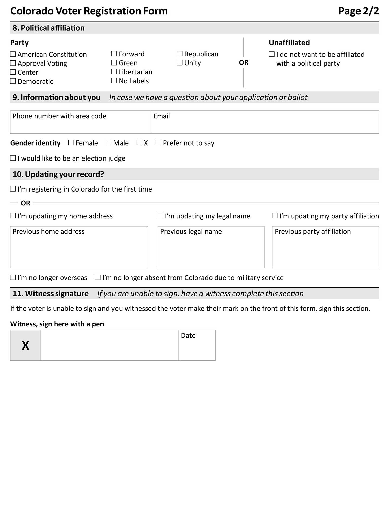 Colorado Voter Registration Form sample page 2