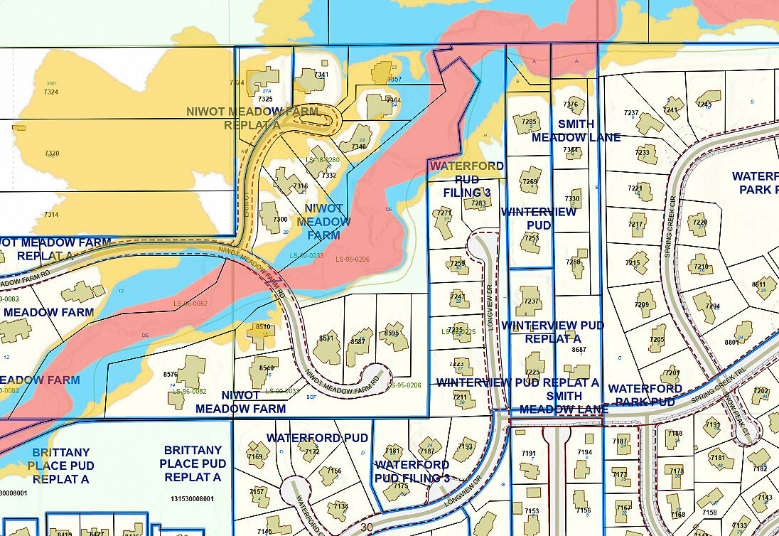 Partial map of property lots and homes in and around Niwot, CO.