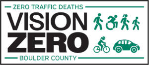 Graphic showing Vision Zero logo and images of people riding and walking.