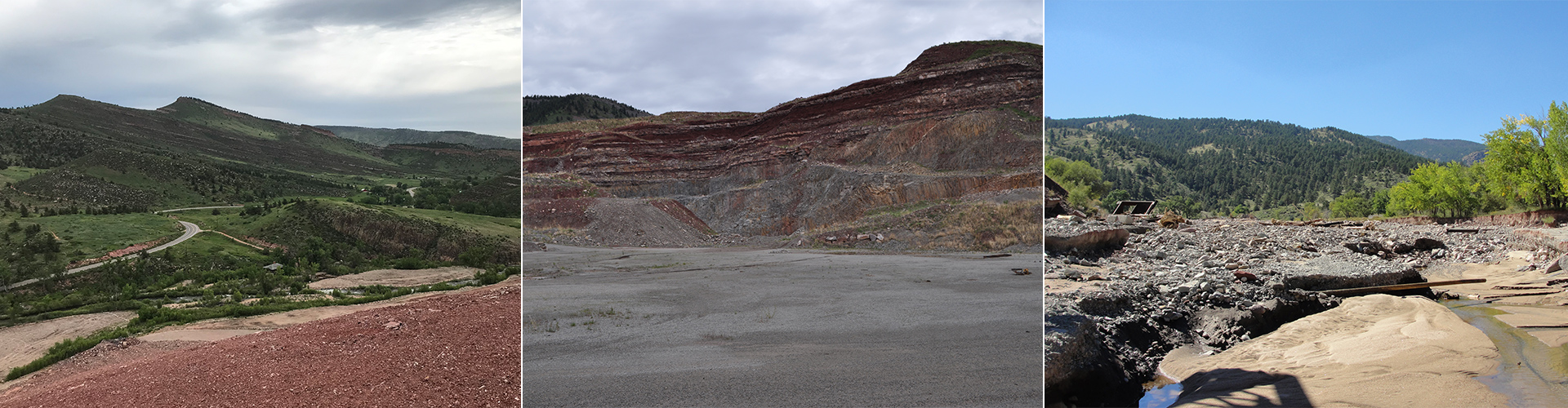 Three image banner: first image shows the creek from the quarry, second image shows compacted soil below the quarry, and third image shows flood debris in the creek channel.