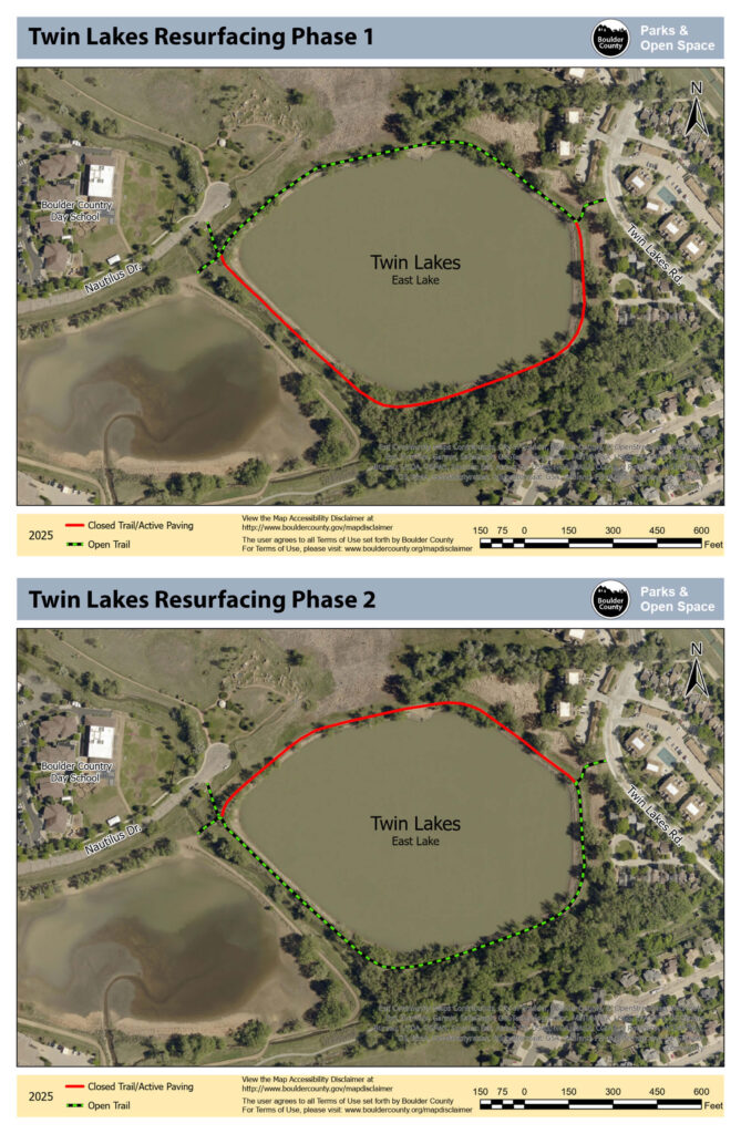 Map showing the two phases of the resurfacing project. The south section will be closed first, then the north section will be closed.