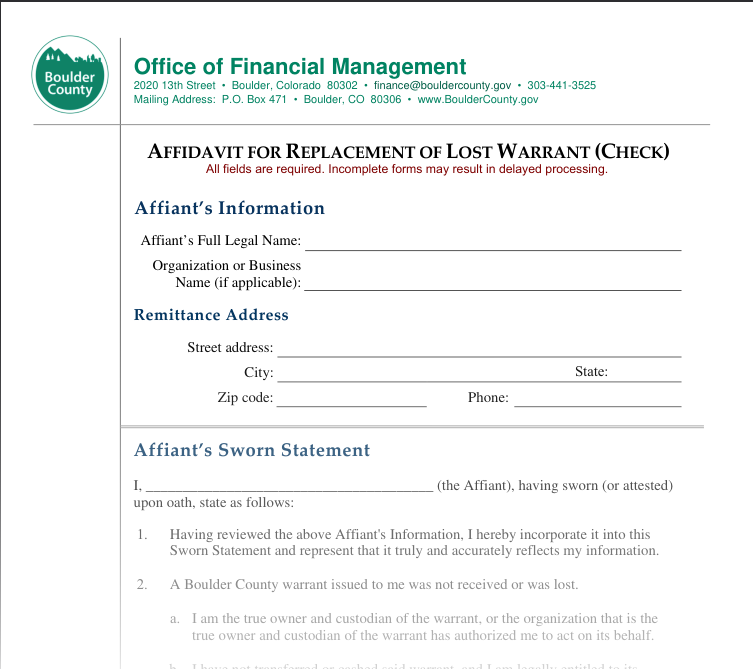 Preview of the Affidavit of Replacement of Lost Warrant form