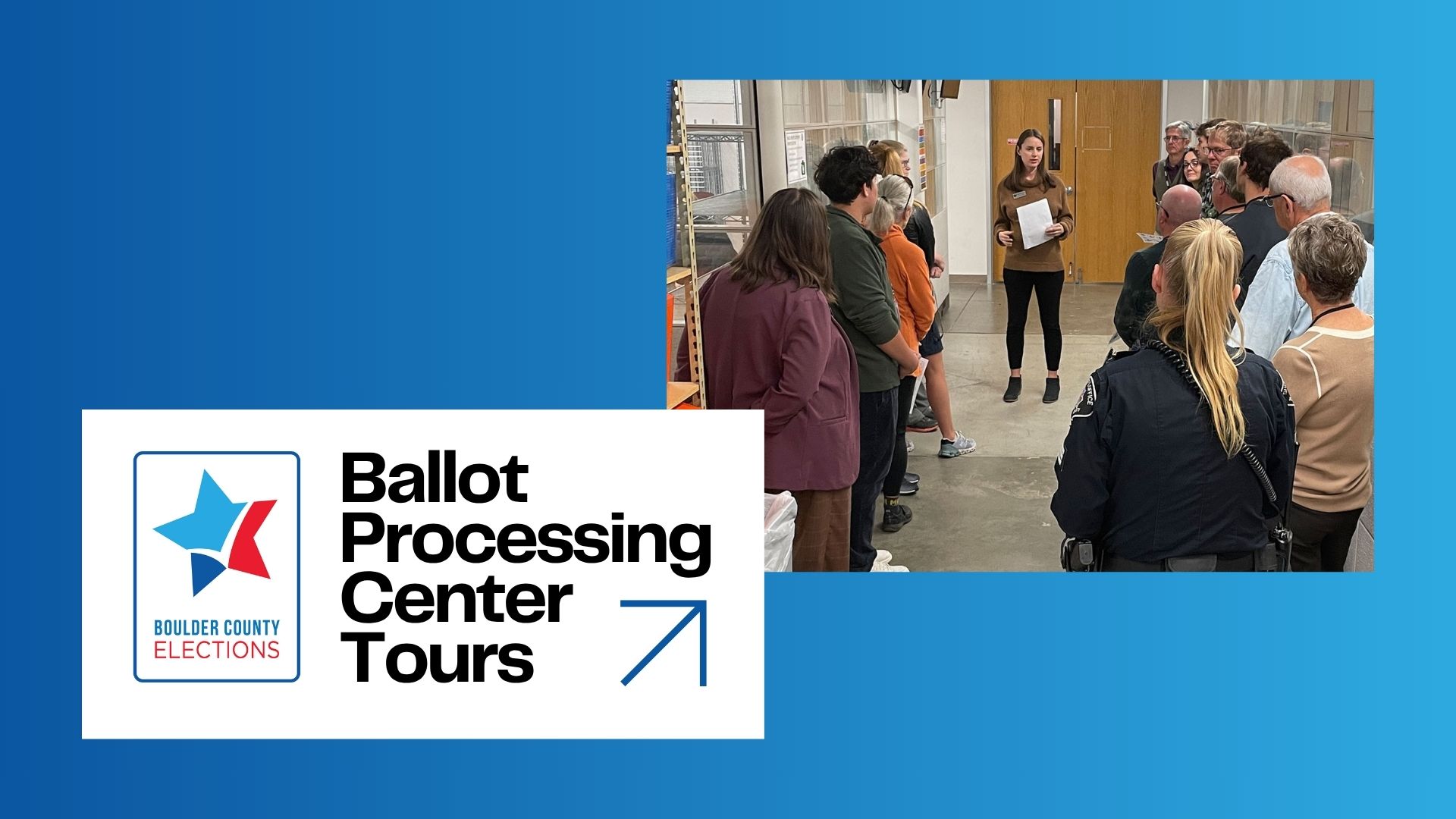 Ballot processing center tours with the Boulder County Elections logo and an image of people on a tour with Molly Fitzpatrick leading.
