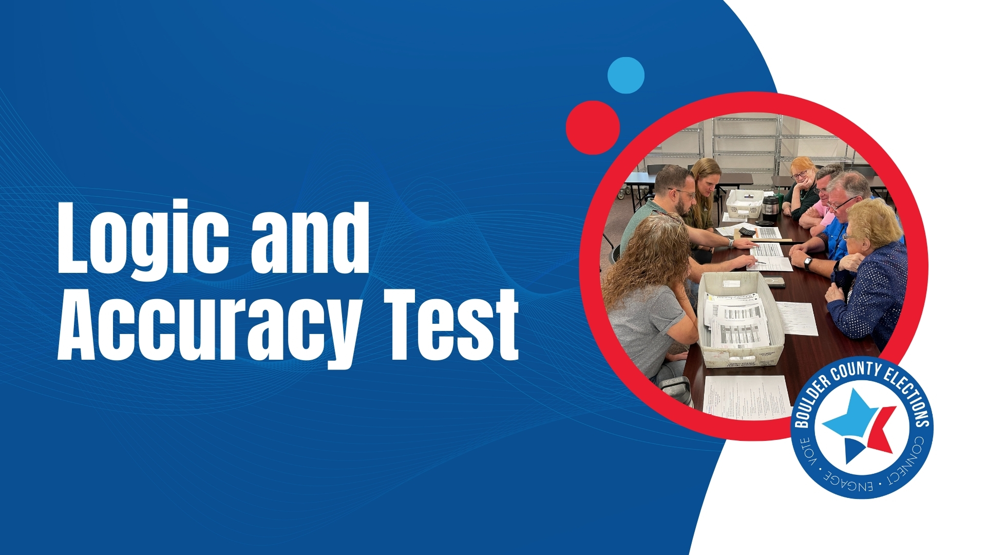 People at a table are looking at different election ballots. The image also features the Elections logo and text that reads Logic and Accuracy Test