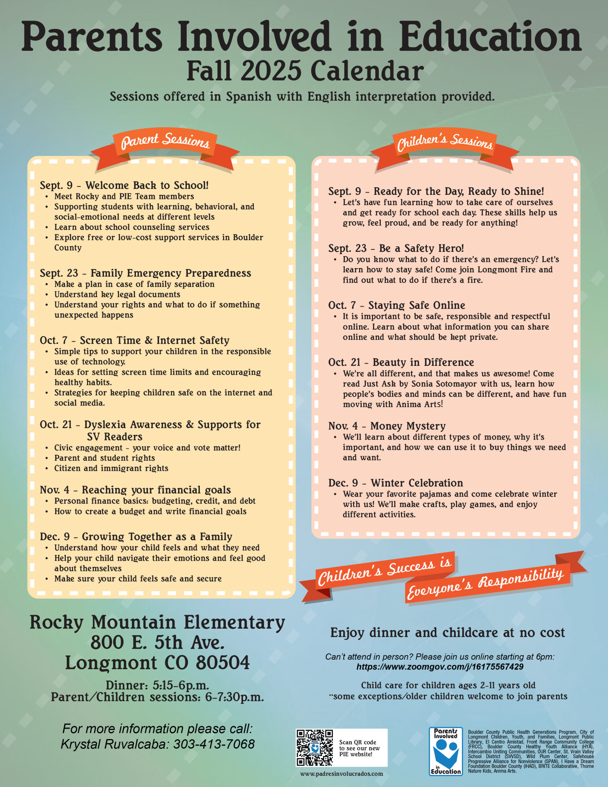 Parents Involved in Education Fall 2025 Calendar flyer