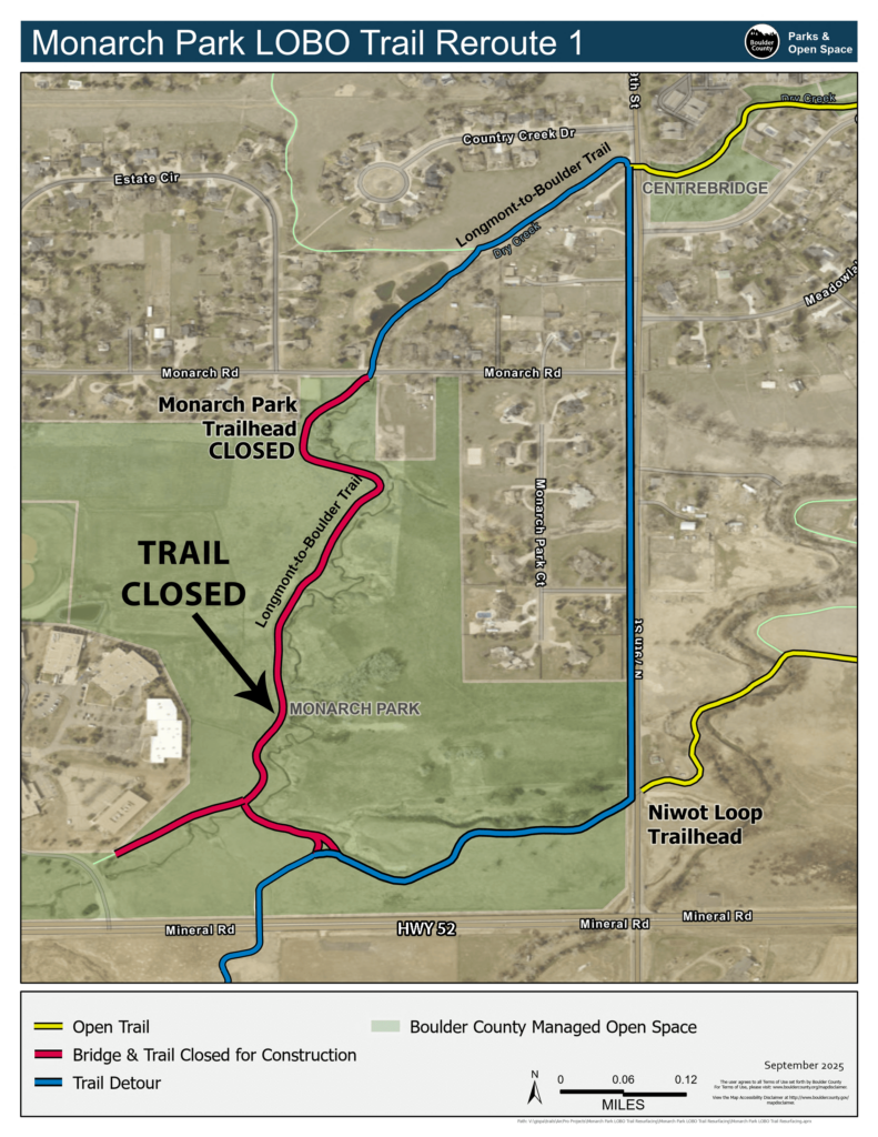Map showing closed section of the LoBo Trail between Monarch Road and Highway 52 (Mineral Road)