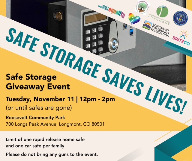 A flyer showing a safe with the logos of different organizations such as the 20th Judicial District Attorney's Office and Longmont Community Foundation. There is information providing where the event will take place and time.