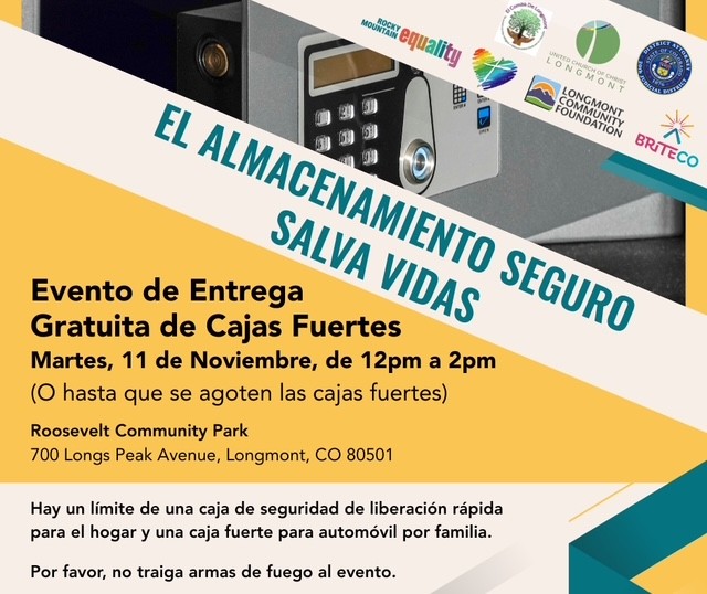 A flyer showing a safe with the logos of different organizations such as the 20th Judicial District Attorney's Office and Longmont Community Foundation. There is information providing where the event will take place and time.