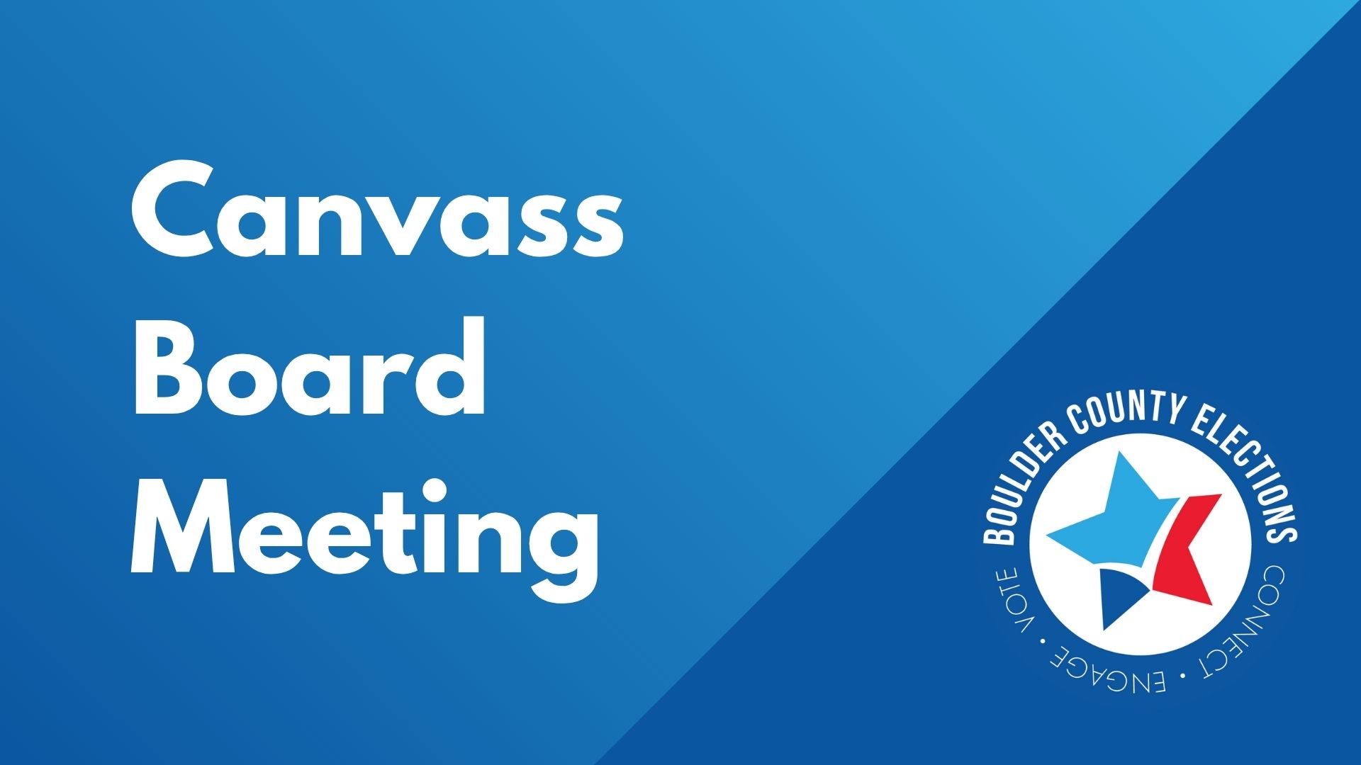 The Boulder County Elections logo is on a blue background with the words Canvass Board Meeting