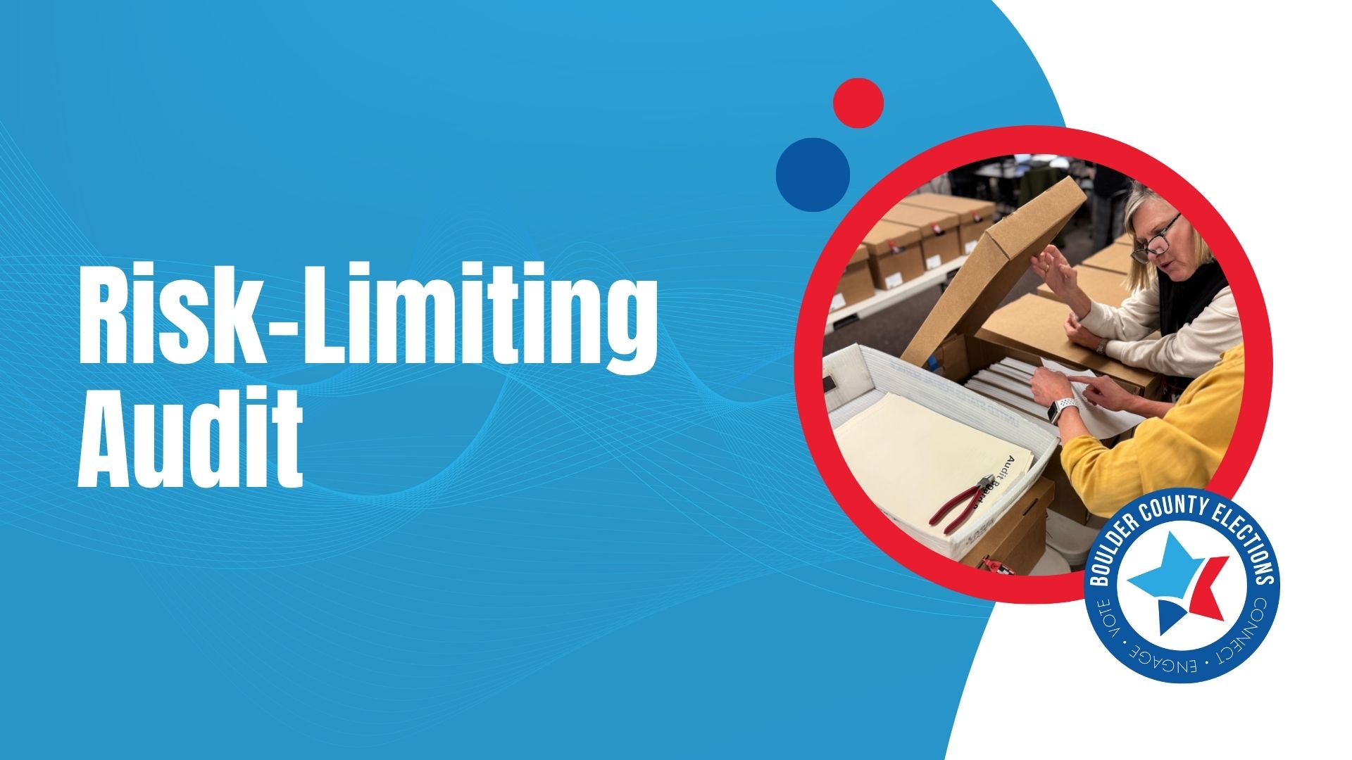 People are looking in a box containing ballots. The image also features the Elections logo and text that reads Risk-Limiting Audit