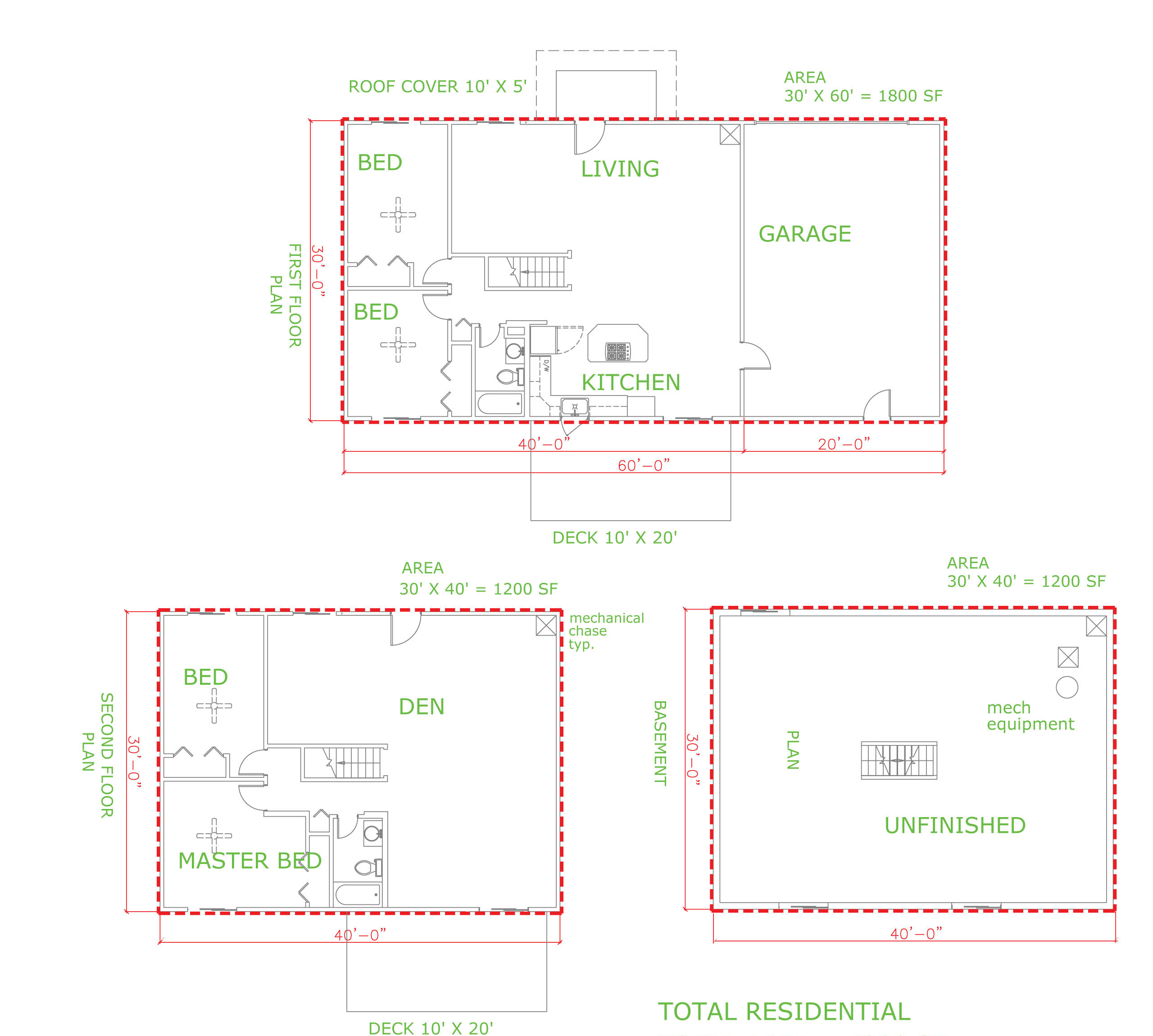 Floorplan graphic showing the sqaure footage area measurements for three levels of a home. Unfinished basement plan measurement is 30' x 40' = 1200 SF, first floor plan measurement is 30' x 60' = 1800 SF, second floor plan measurement is 30' x 40' = 1200 SF for a total residential area of 4200 SF.