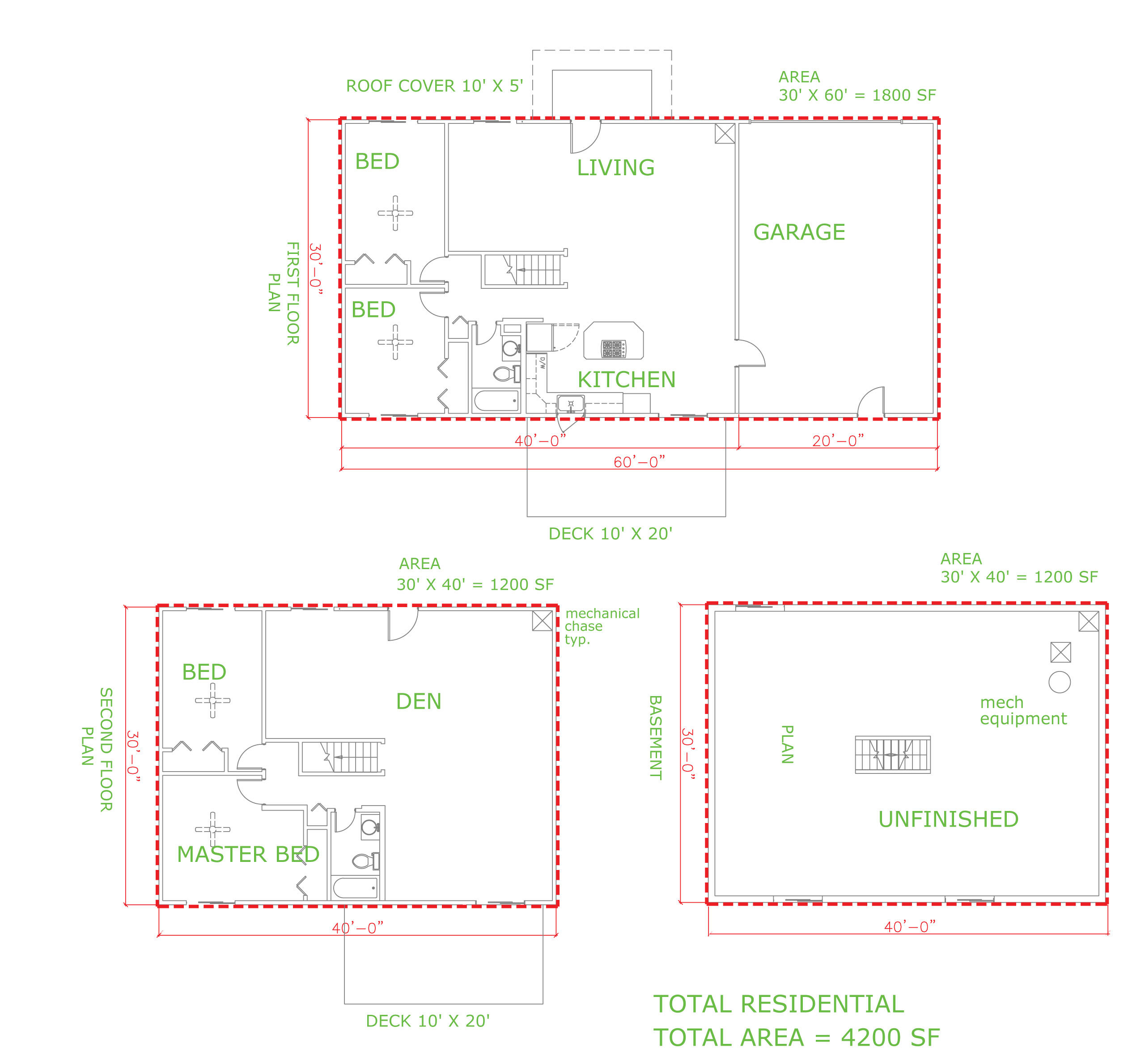 Floorplan graphic showing the sqaure footage area measurements for three levels of a home. Unfinished basement plan measurement is 30' x 40' = 1200 SF, first floor plan measurement is 30' x 60' = 1800 SF, second floor plan measurement is 30' x 40' = 1200 SF for a total residential area of 4200 SF.