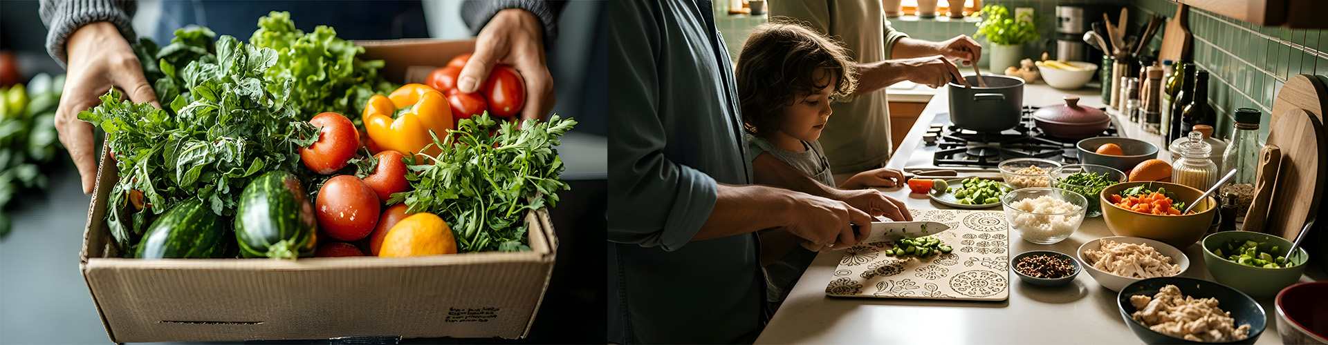 a person holding a box of fresh produce and a scene of a family making a healthy meal
