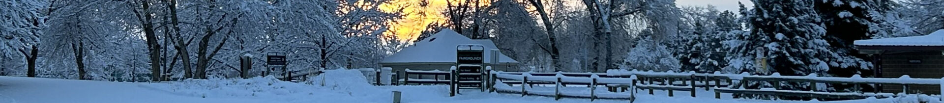 farmhouse with snow on the roof, on the ground and on the trees